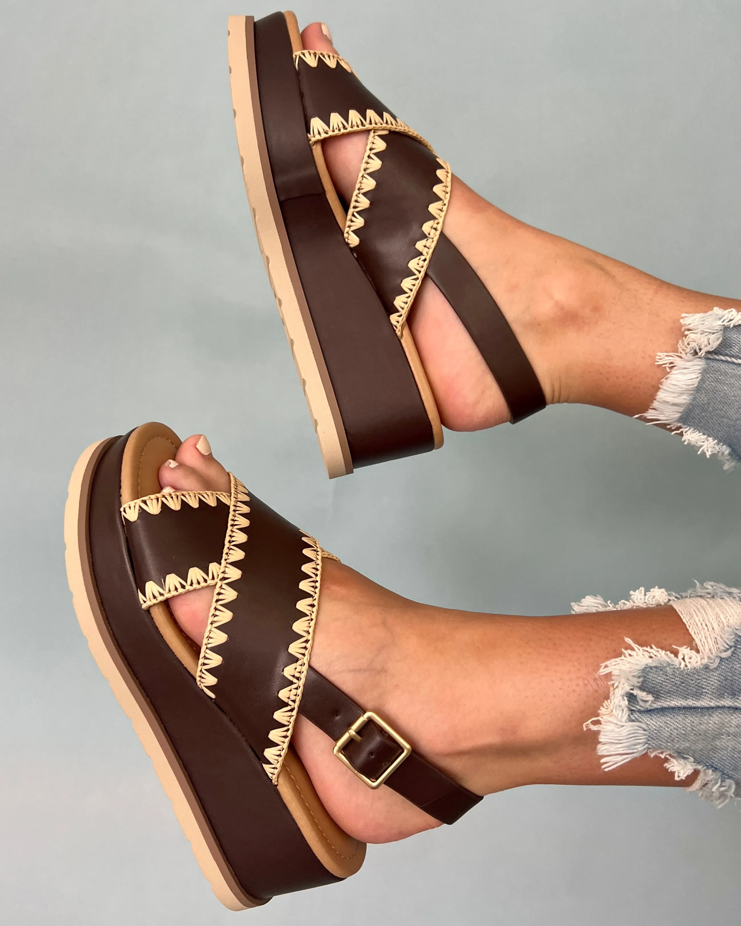 Annalise Dark Brown Cross Strap Raffia Detail Wedges
