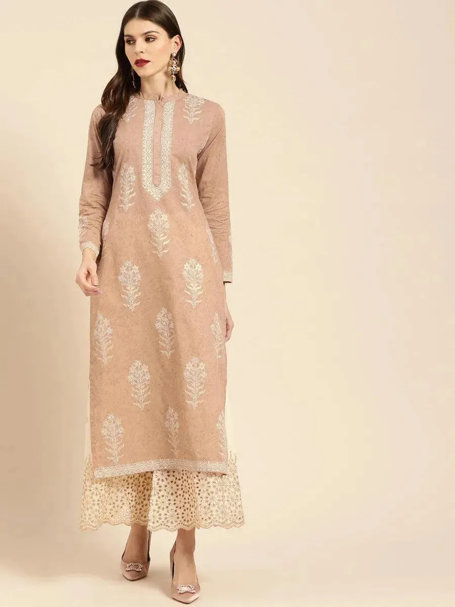 Beige Printed Cotton Straight Kurta With Palazzos
