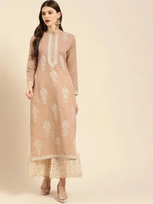 Beige Printed Cotton Straight Kurta With Palazzos