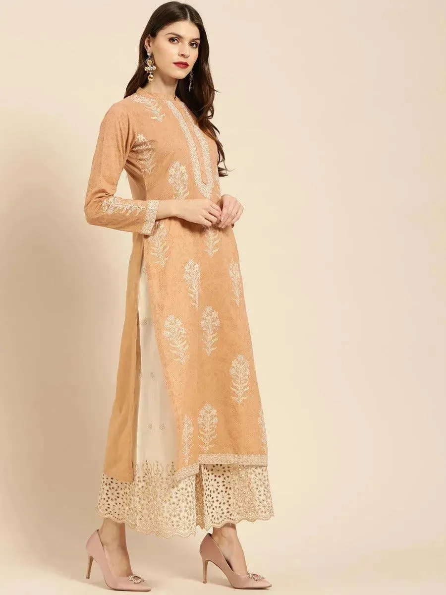 Beige Printed Cotton Straight Kurta With Palazzos