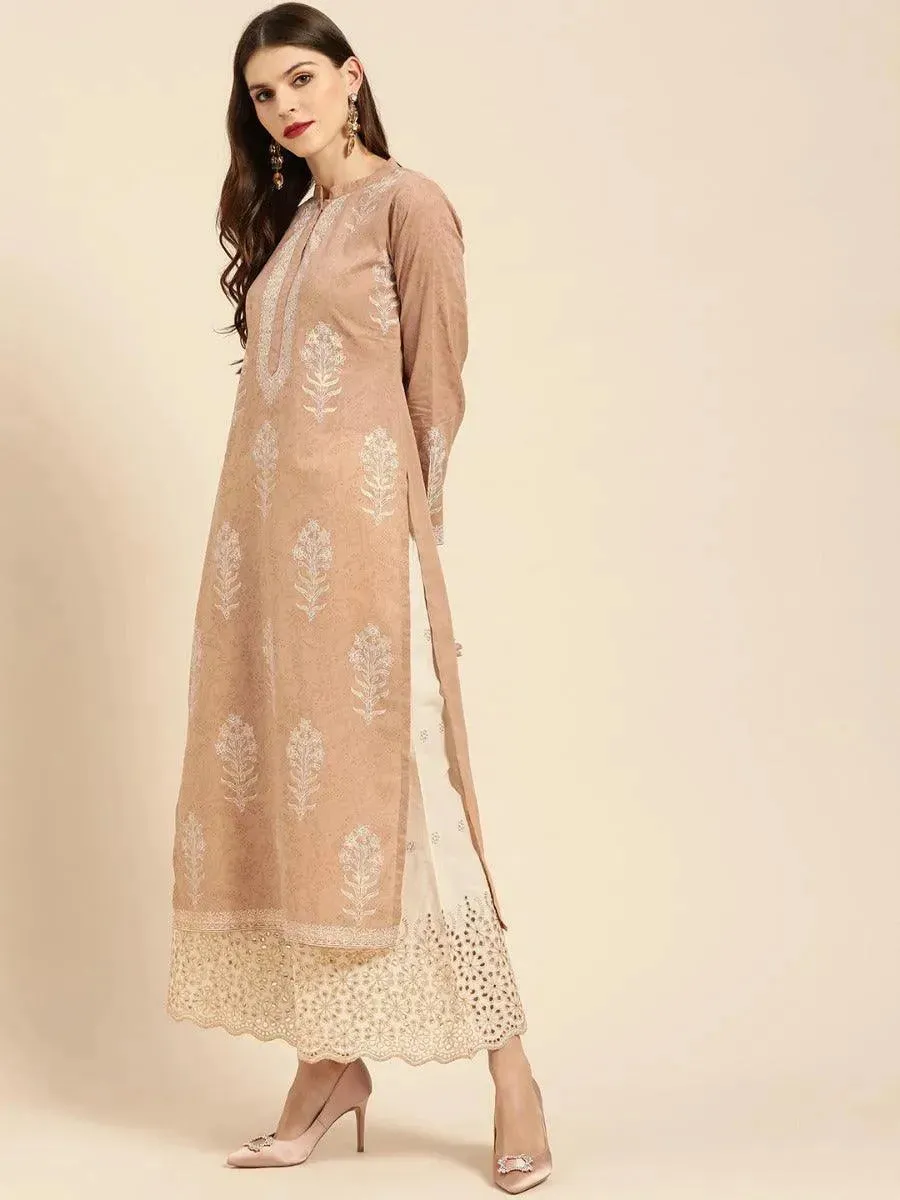 Beige Printed Cotton Straight Kurta With Palazzos