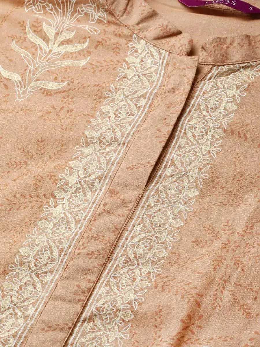 Beige Printed Cotton Straight Kurta With Palazzos