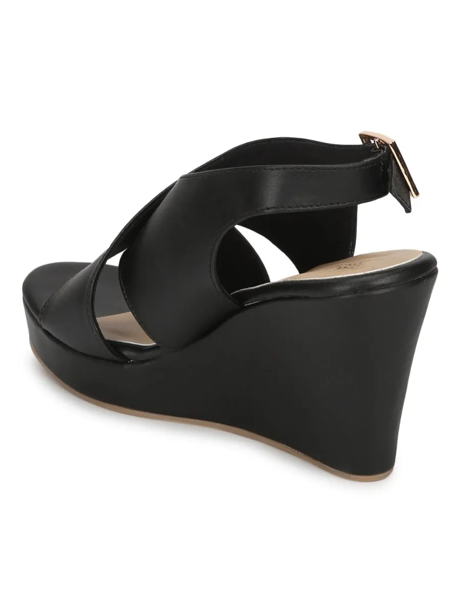 Black PU Wedges With Crossover Straps