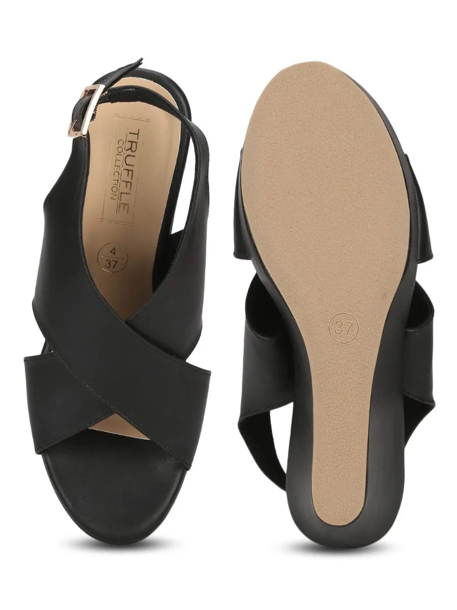 Black PU Wedges With Crossover Straps