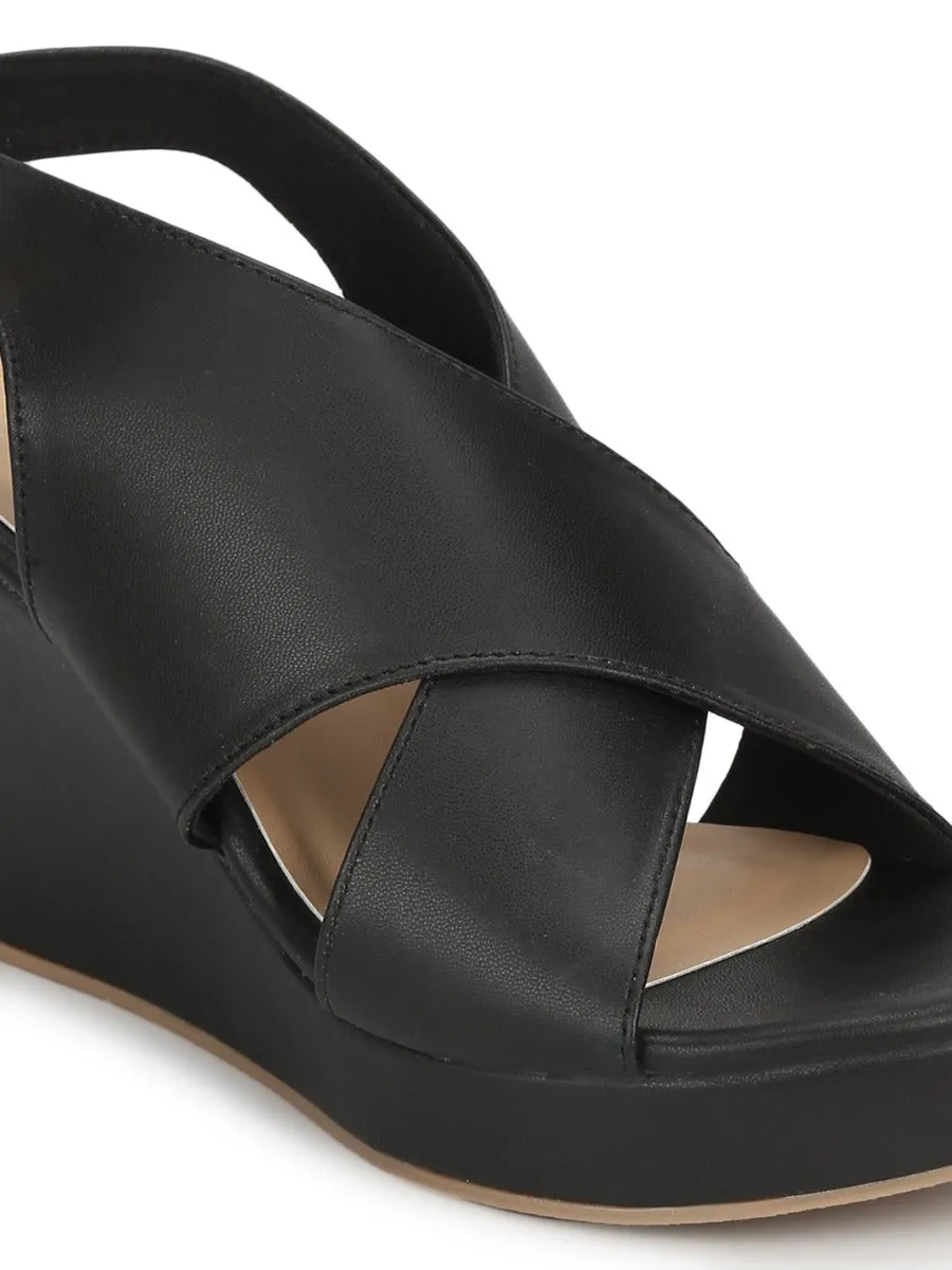 Black PU Wedges With Crossover Straps