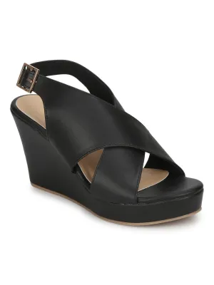 Black PU Wedges With Crossover Straps