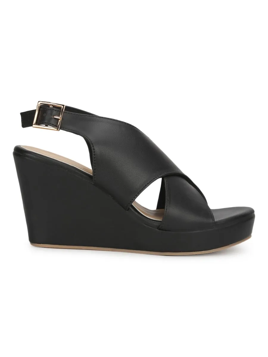 Black PU Wedges With Crossover Straps