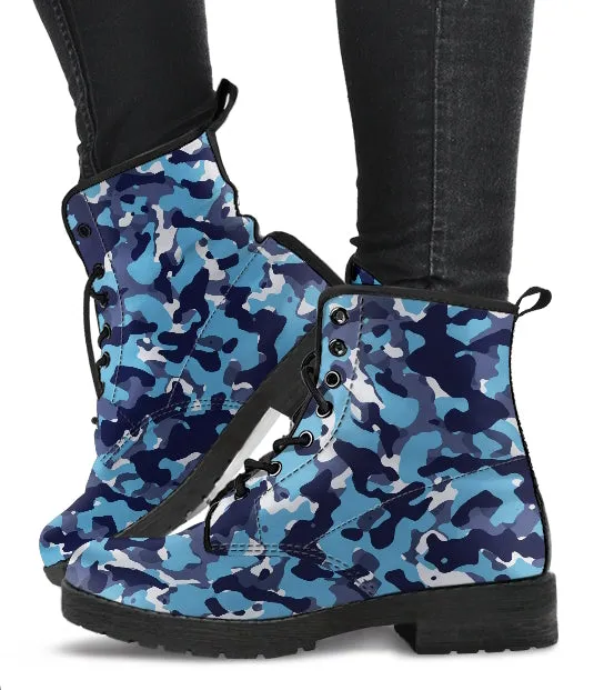 Blue Camouflage Women's Vegan Leather Combat Boots