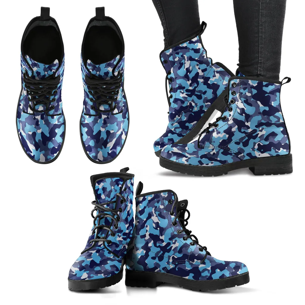 Blue Camouflage Women's Vegan Leather Combat Boots