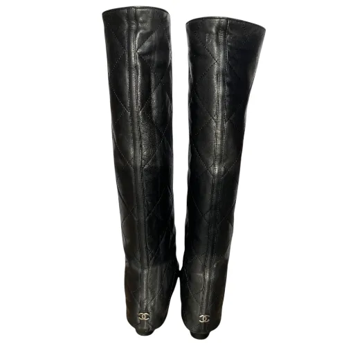 CHANEL Black Leather Quilted Overlay Knee High Boots, Size 37.5