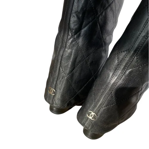 CHANEL Black Leather Quilted Overlay Knee High Boots, Size 37.5