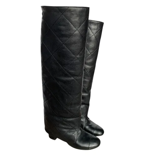 CHANEL Black Leather Quilted Overlay Knee High Boots, Size 37.5