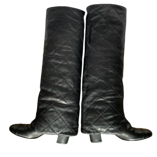 CHANEL Black Leather Quilted Overlay Knee High Boots, Size 37.5