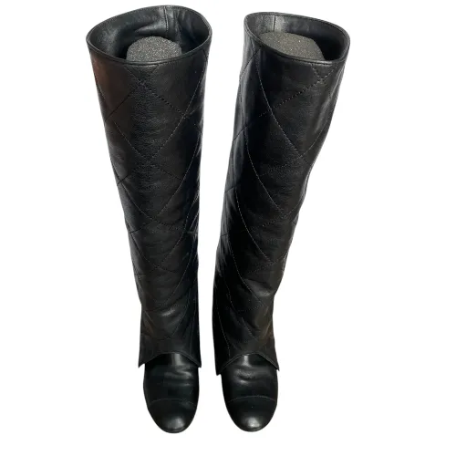 CHANEL Black Leather Quilted Overlay Knee High Boots, Size 37.5