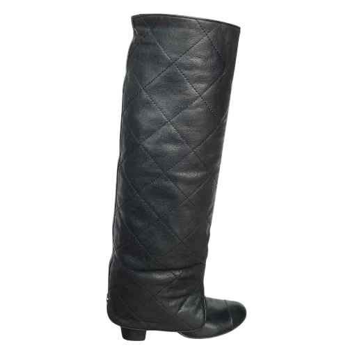 CHANEL Black Leather Quilted Overlay Knee High Boots, Size 37.5