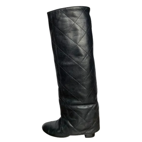 CHANEL Black Leather Quilted Overlay Knee High Boots, Size 37.5
