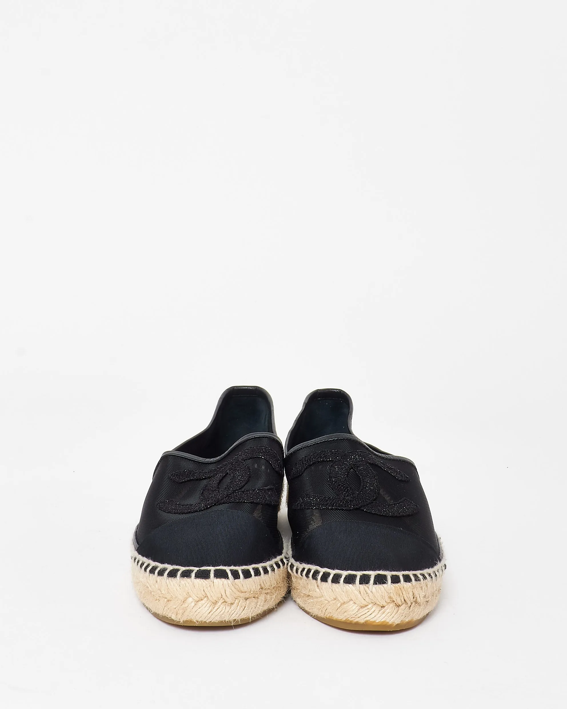 Chanel Black Mesh & Sparkle Logo Espadrilles - 39
