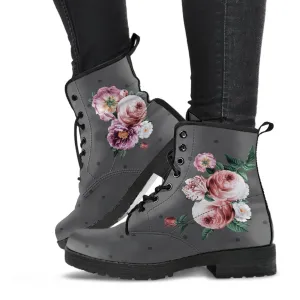 Combat Boots - Beautiful Flowers #12 Gray | Vegan Leather Lace Up Boots, Handmade Lace Up Boots, Women's Boots, Custom Shoes, Vegan Shoes