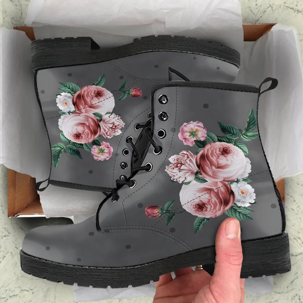 Combat Boots - Beautiful Flowers #12 Gray | Vegan Leather Lace Up Boots, Handmade Lace Up Boots, Women's Boots, Custom Shoes, Vegan Shoes