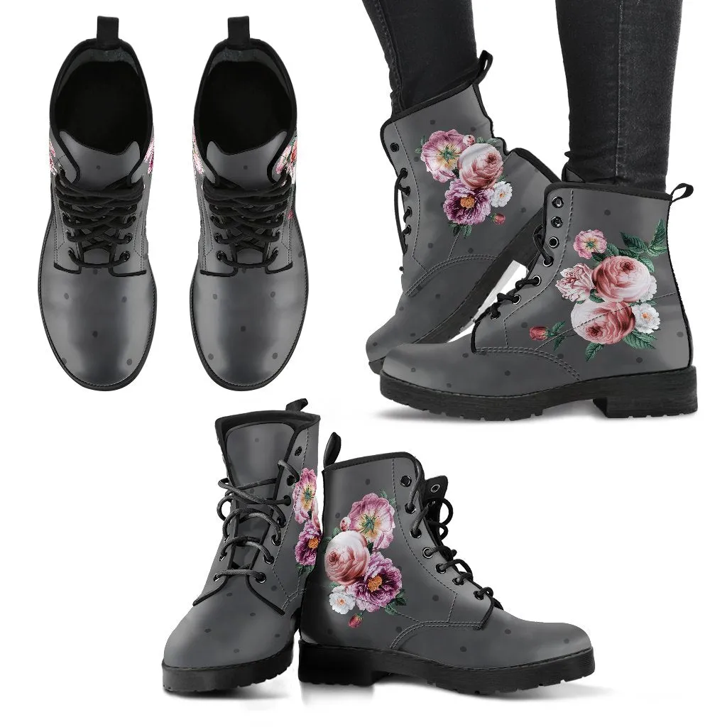 Combat Boots - Beautiful Flowers #12 Gray | Vegan Leather Lace Up Boots, Handmade Lace Up Boots, Women's Boots, Custom Shoes, Vegan Shoes
