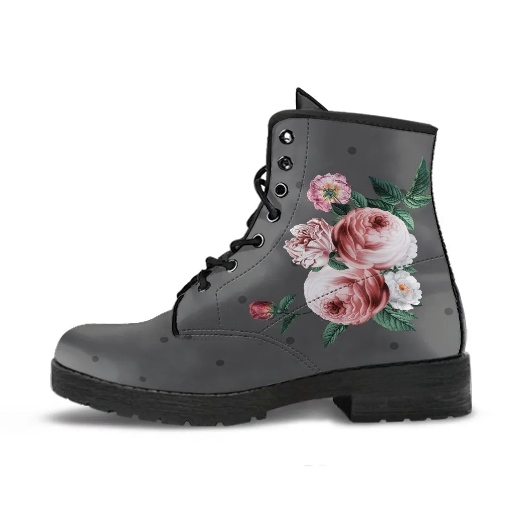 Combat Boots - Beautiful Flowers #12 Gray | Vegan Leather Lace Up Boots, Handmade Lace Up Boots, Women's Boots, Custom Shoes, Vegan Shoes