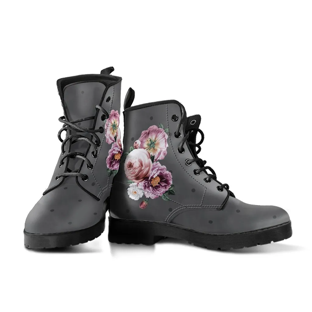 Combat Boots - Beautiful Flowers #12 Gray | Vegan Leather Lace Up Boots, Handmade Lace Up Boots, Women's Boots, Custom Shoes, Vegan Shoes