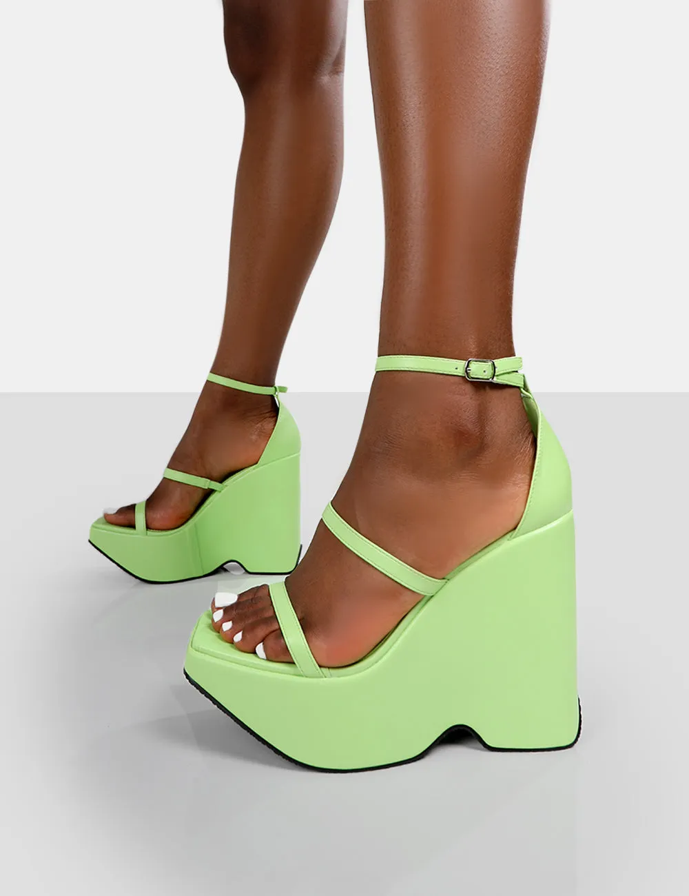 Duke Lime Strappy Square Toe Platform Wedge High Heels