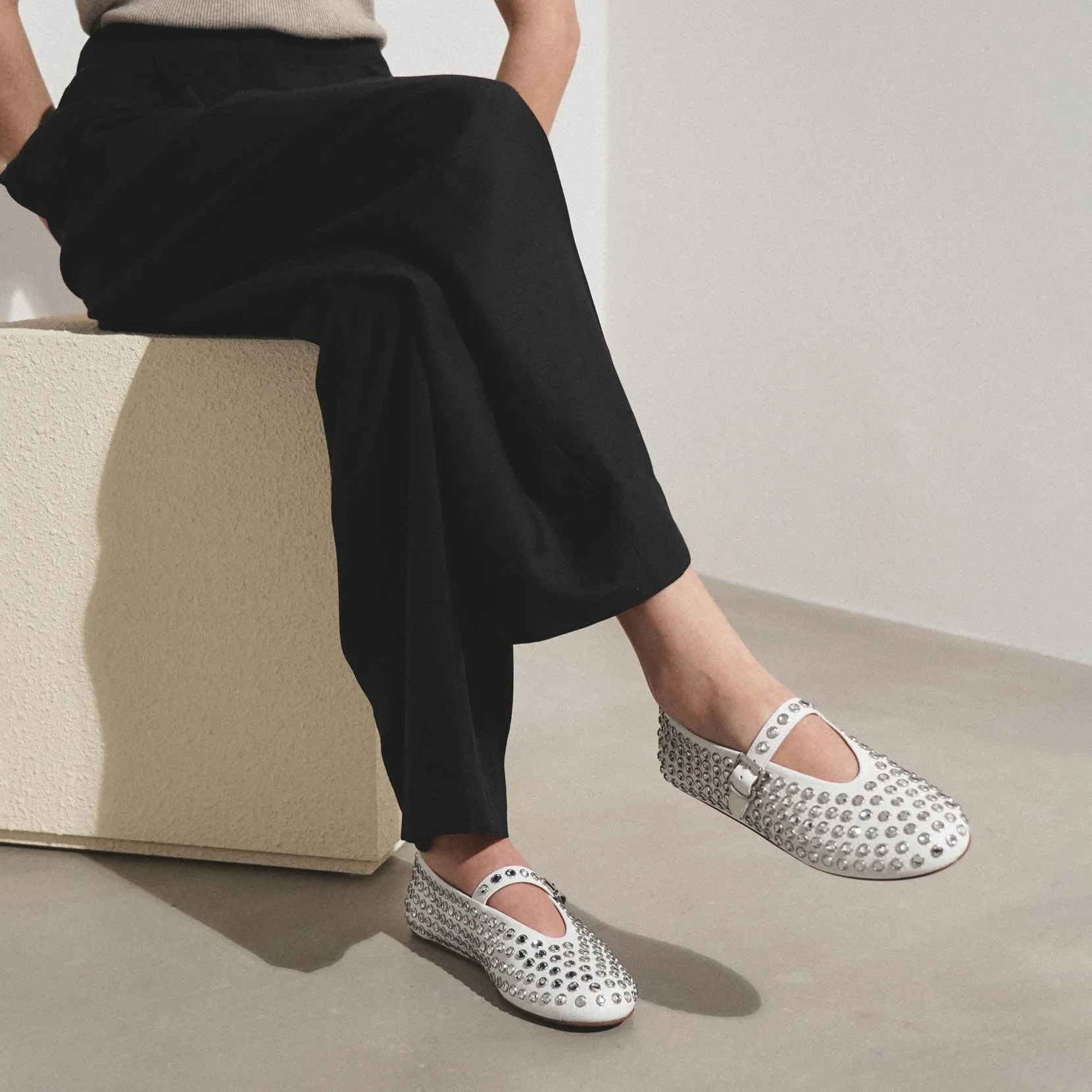 Embellished white leather ballet flats