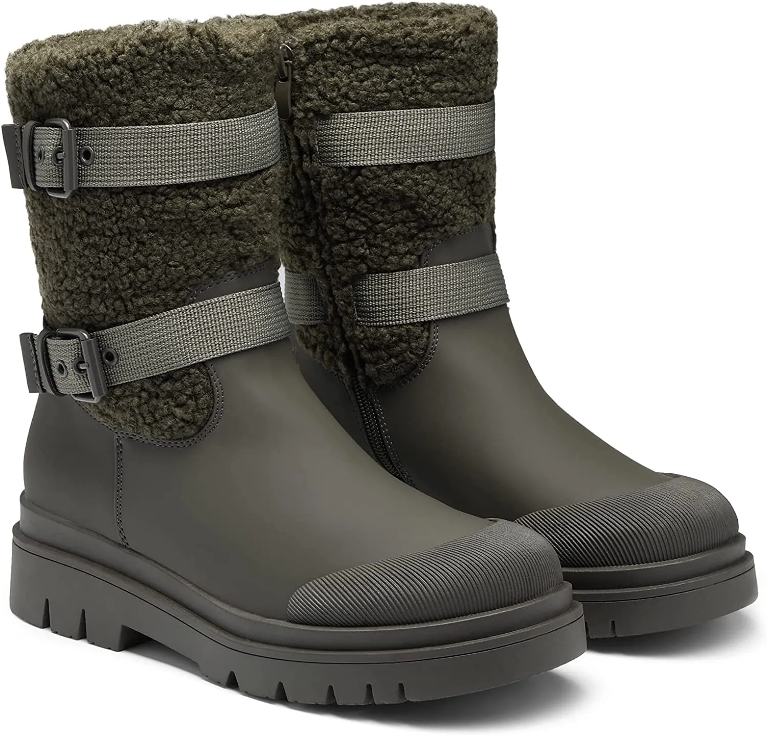 Fur Lining Olive Green Waterproof Mid-Calf Outdoor Boots
