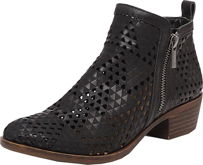 Lucky Brand Basel3 Black suede Side Zip Perforated Leather Block Heel Booties