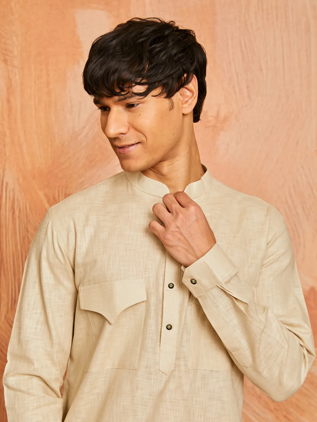 Men's Chiku Cotton Slub Kurta and Pyjama Set