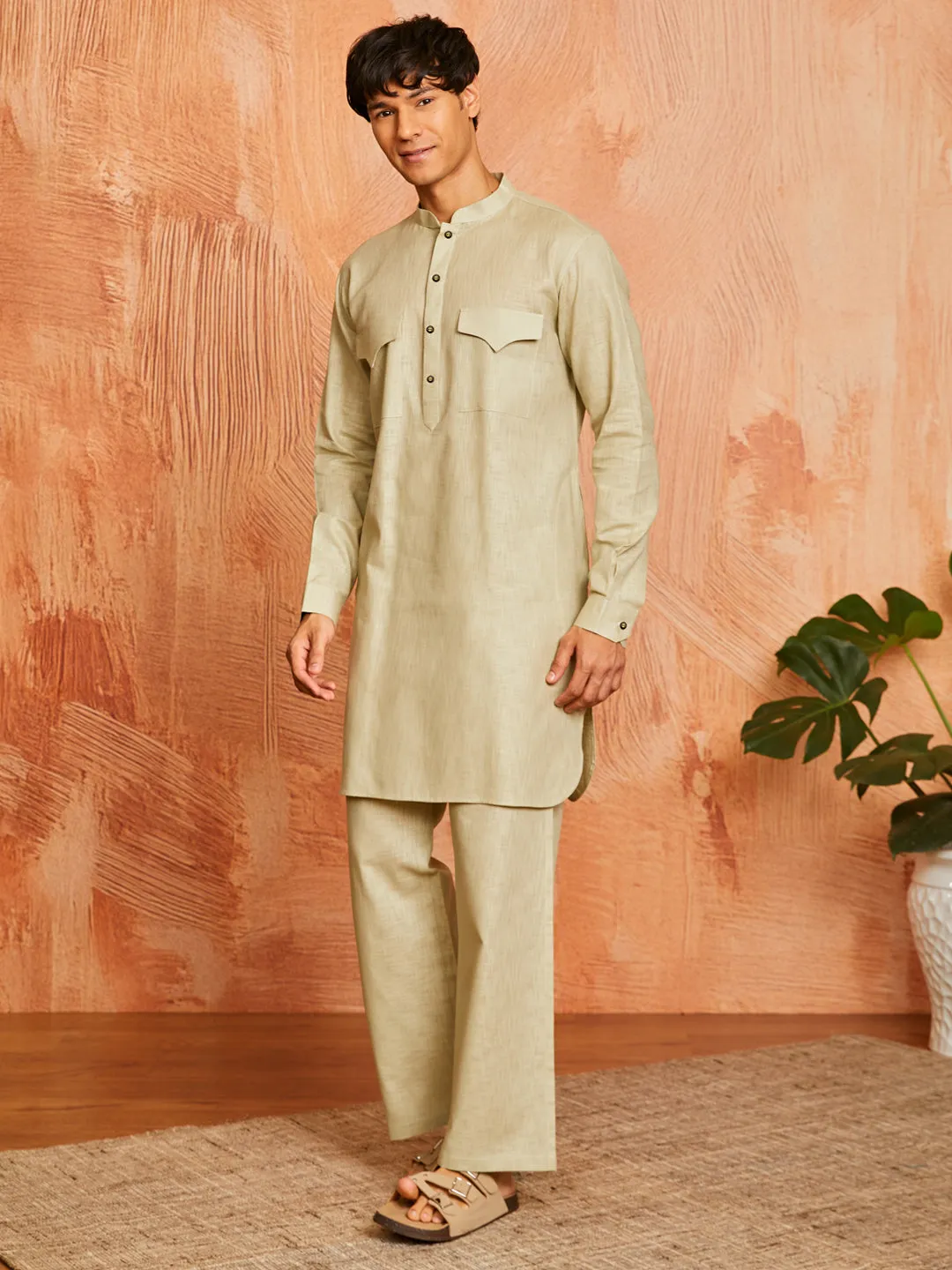 Men's Mint Green Cotton Slub Kurta and Pyjama Set