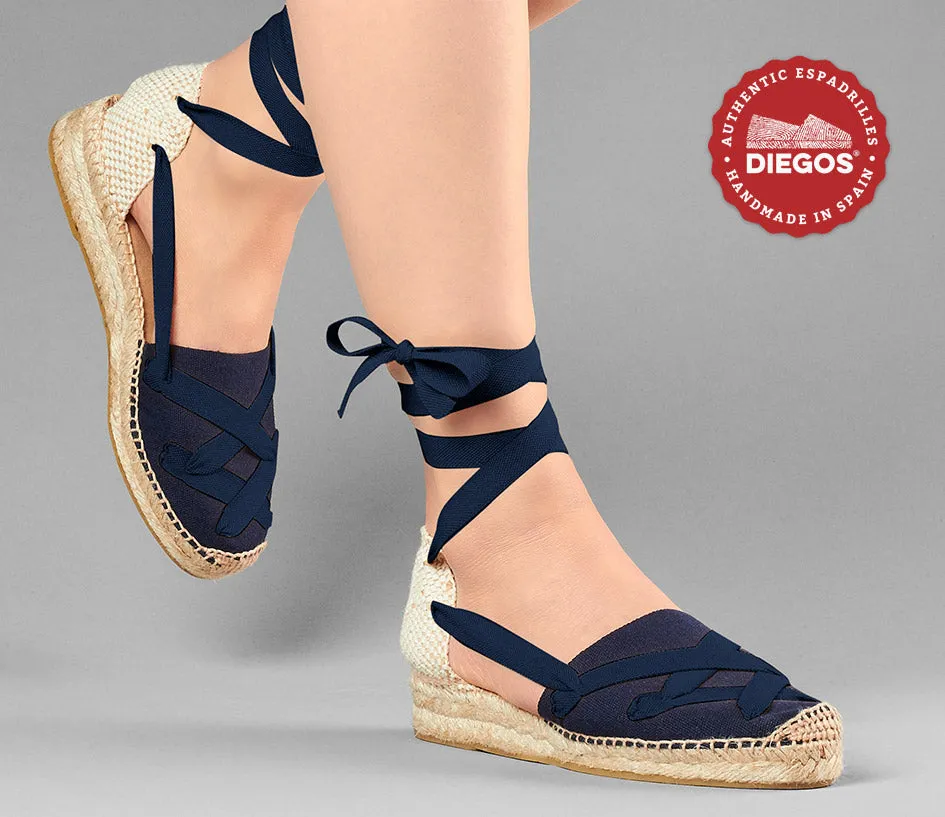 Navy Lola low wedge classic laces espadrilles