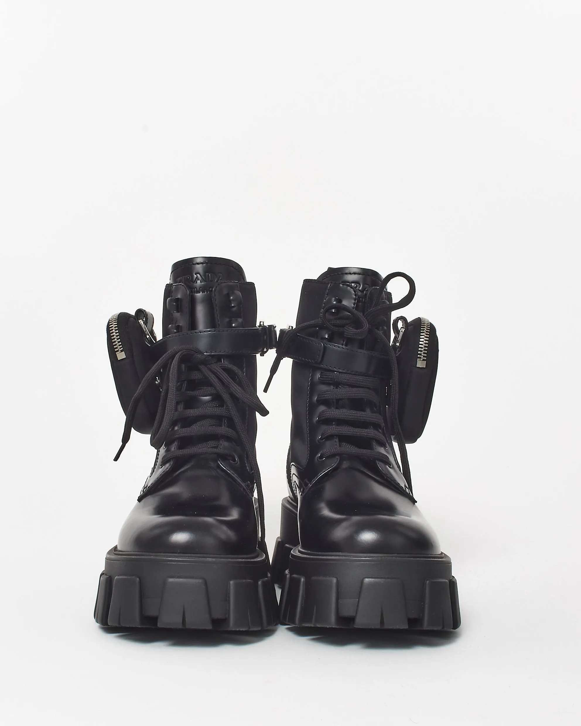 Prada Black Leather & Re Nylon Pouch Combat Boots - 38