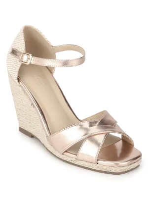 Rose Gold PU Woven Wedge Heel Sandals