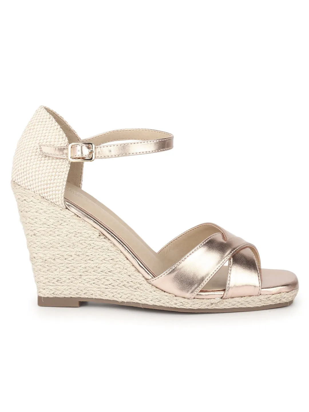 Rose Gold PU Woven Wedge Heel Sandals