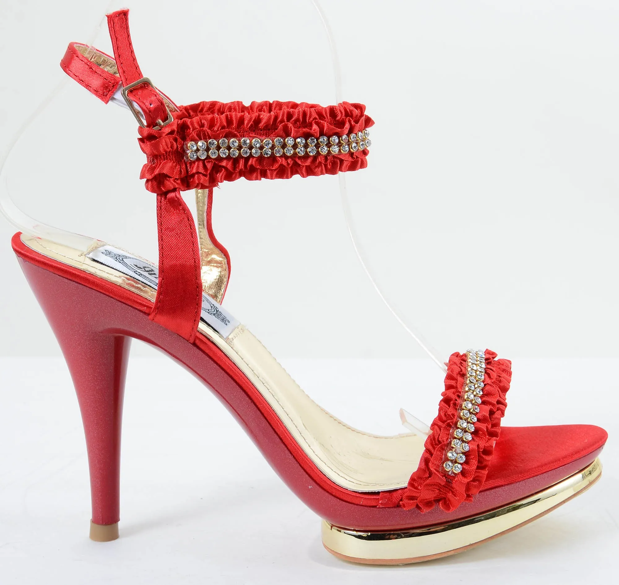 Ruffled Red Satin Gold Metallic Jeweled Anklet Platform Heels