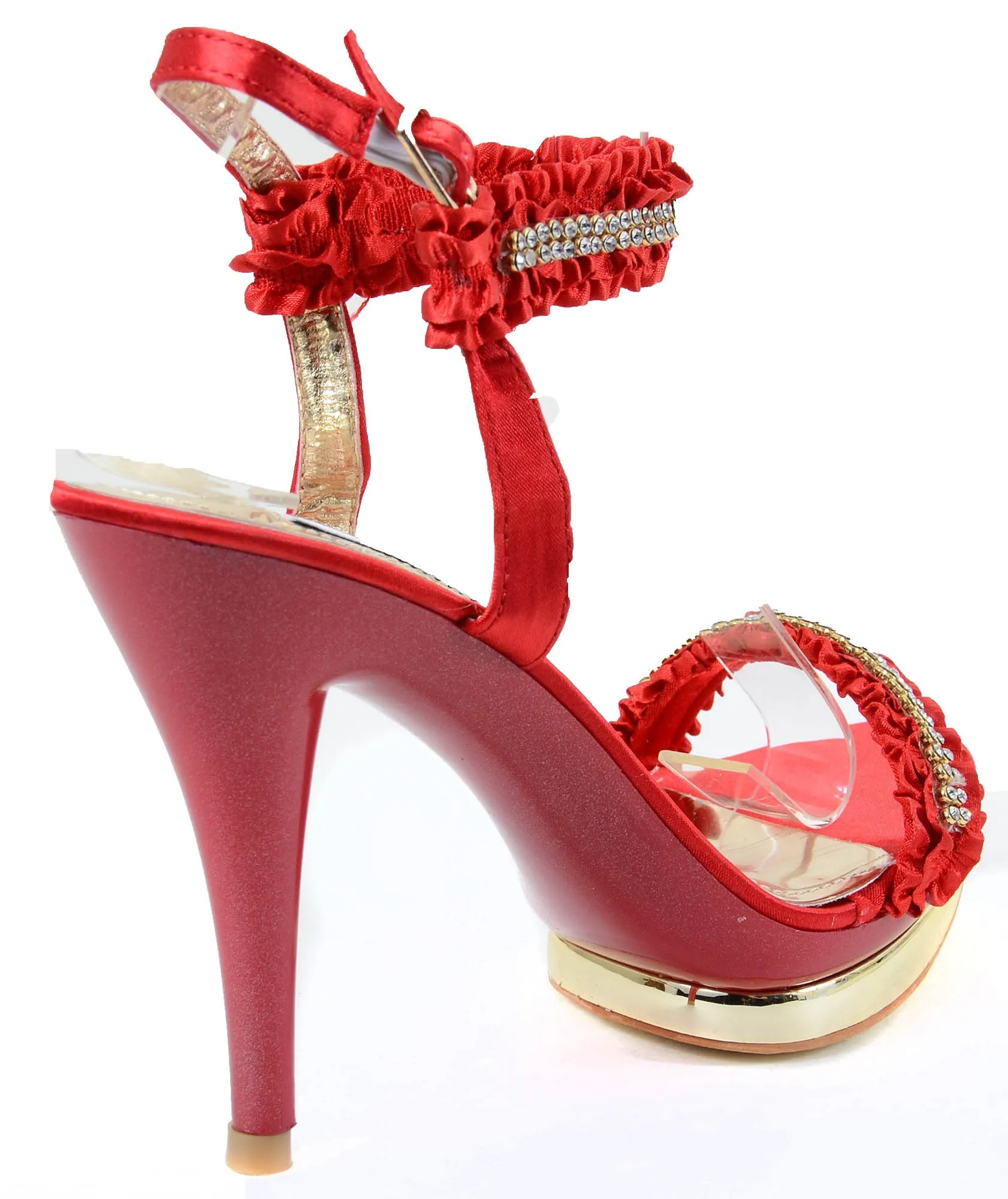 Ruffled Red Satin Gold Metallic Jeweled Anklet Platform Heels