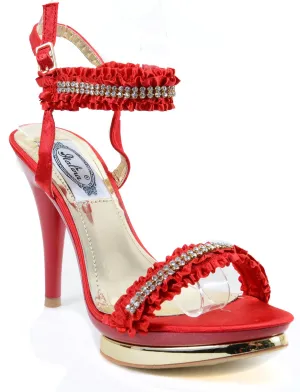 Ruffled Red Satin Gold Metallic Jeweled Anklet Platform Heels