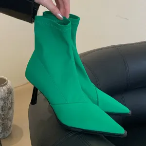 Stretchable Elastic Pointed Toe Heeled Fashion Ankle Boot