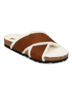 Tan Furry Crisscross Strap Cork Sandals