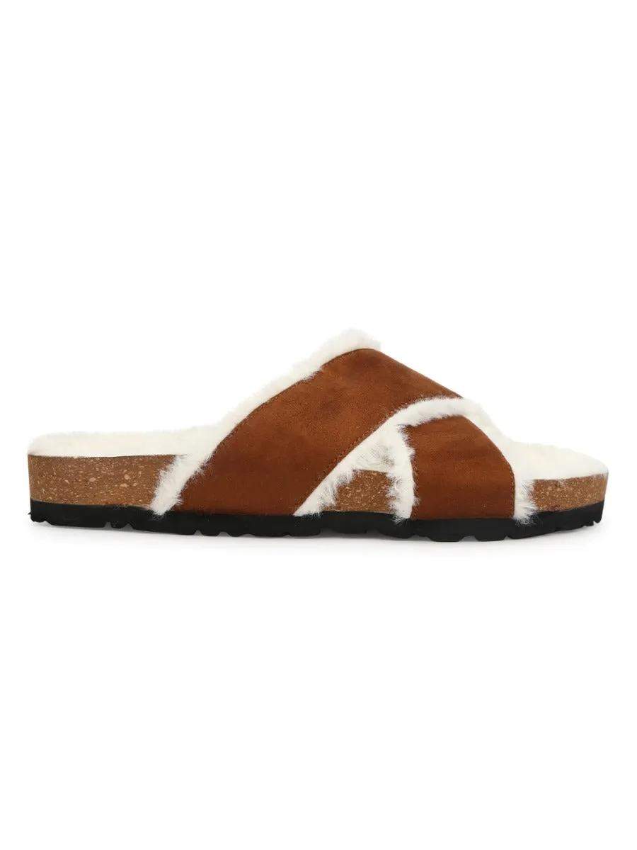 Tan Furry Crisscross Strap Cork Sandals