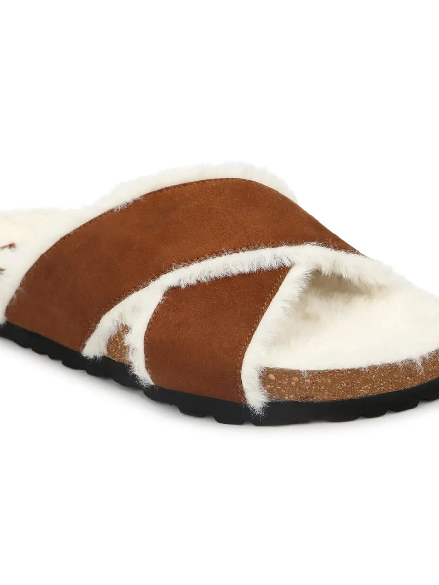 Tan Furry Crisscross Strap Cork Sandals