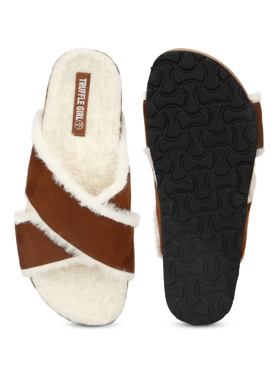 Tan Furry Crisscross Strap Cork Sandals