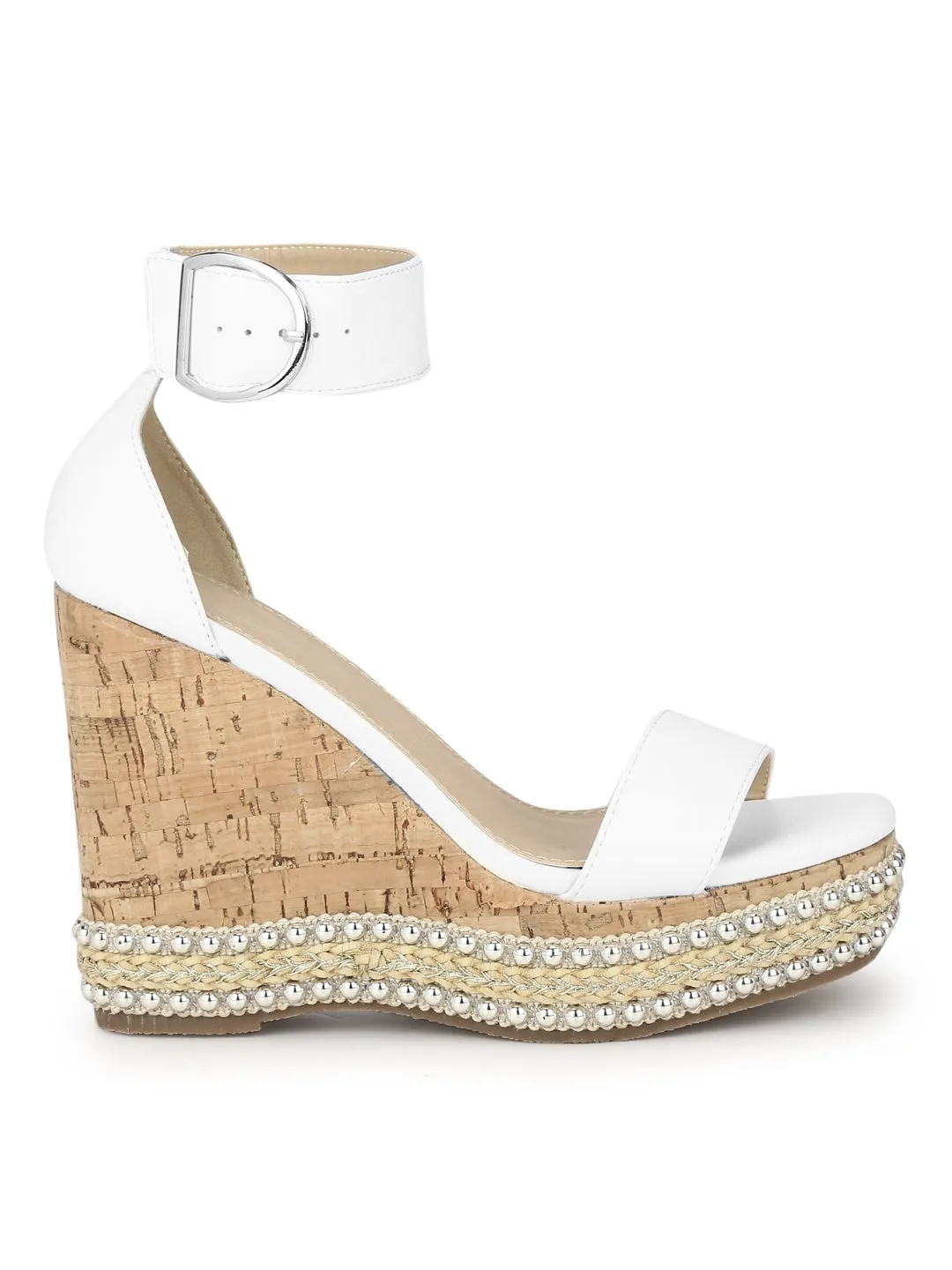 White PU Embellished Wedges