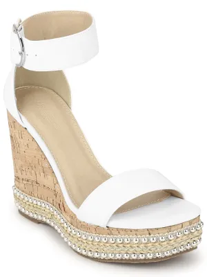 White PU Embellished Wedges