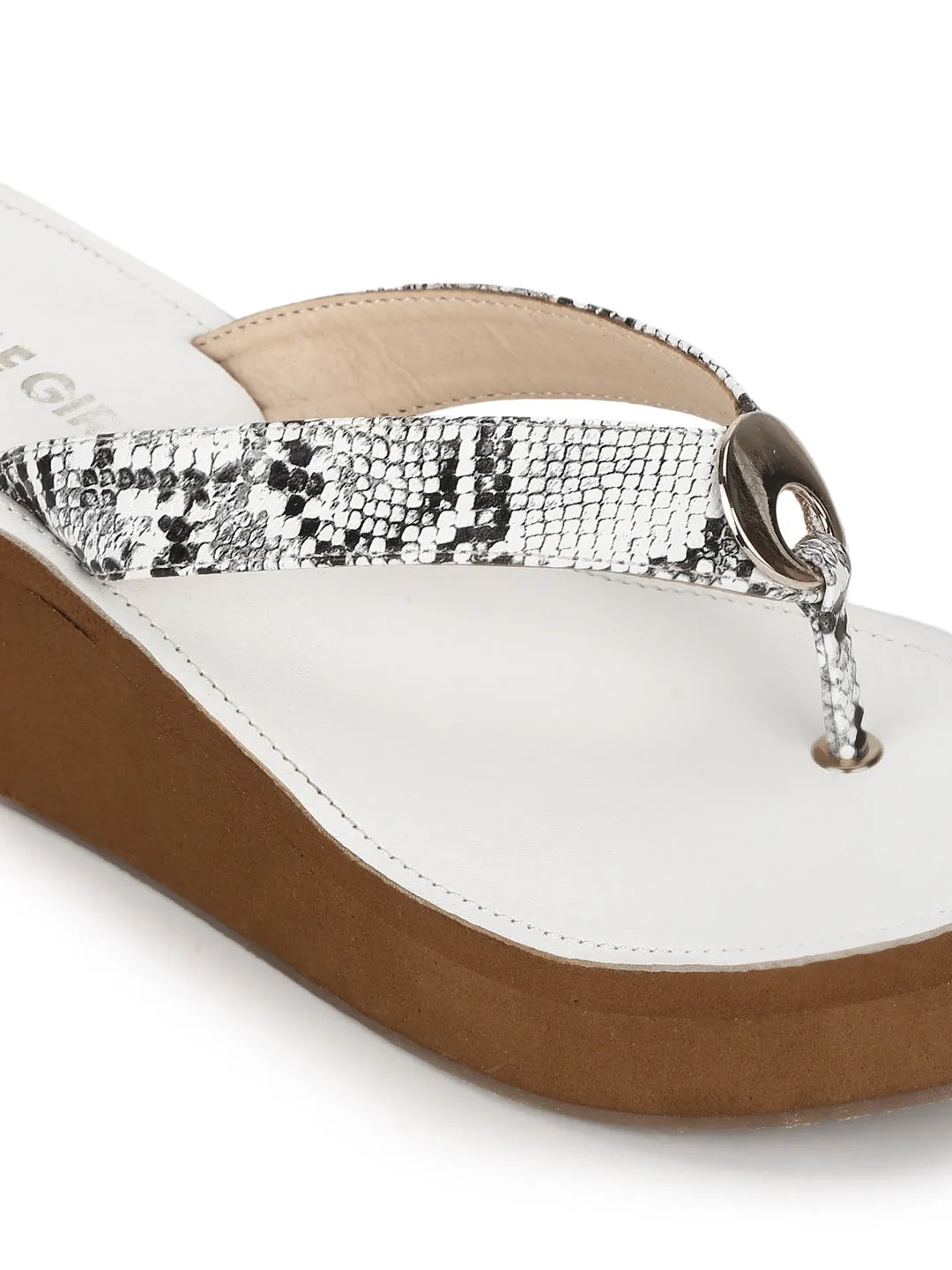 White PU Snake Pattern Slip On Wedges