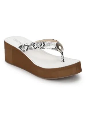White PU Snake Pattern Slip On Wedges
