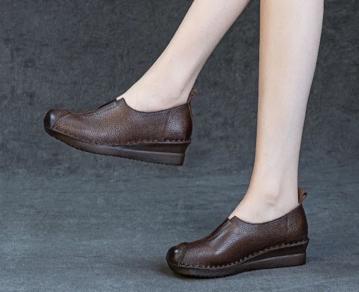 Women Comfortable Vintage Handmade Leather Wedge Shoes Slip-Ons