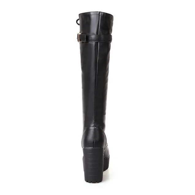 Women Platform Chunky Heel Lace Up Long Boots